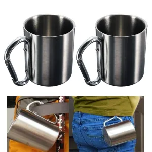 2 Pc Portable Cup 8oz Stainless Steel Camping Carabiner Mug Thermal Hook Handle