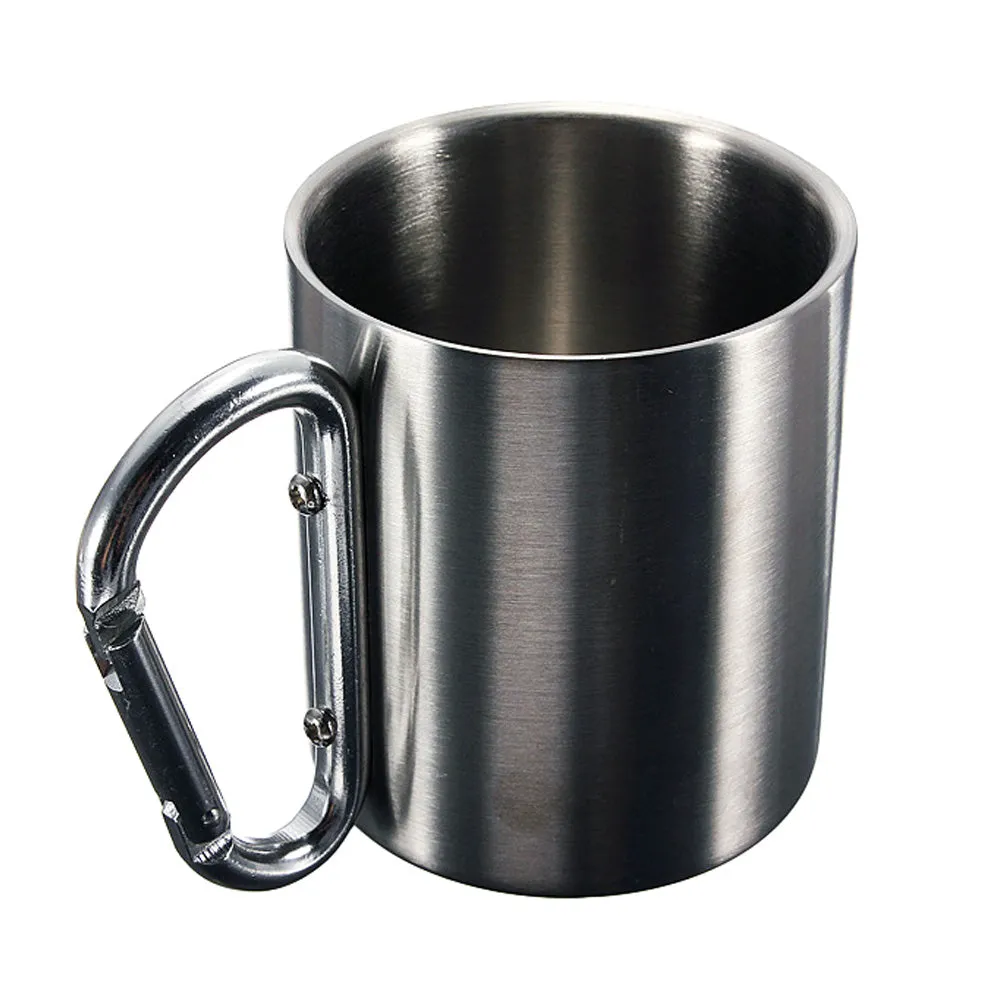 2 Pc Portable Cup 8oz Stainless Steel Camping Carabiner Mug Thermal Hook Handle