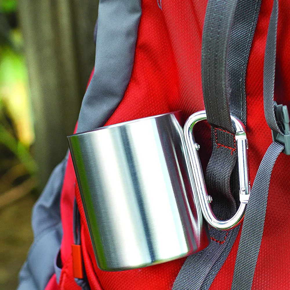 2 Pc Portable Cup 8oz Stainless Steel Camping Carabiner Mug Thermal Hook Handle