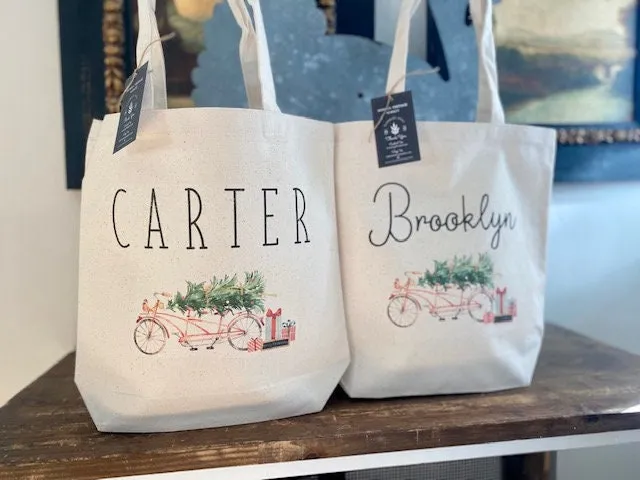 Vintage Christmas Tote bag|Personalized Christmas bag|Canvas Tote Bag|Plaid Christmas bag|Holiday Gift Bag|Childs Christmas Bag