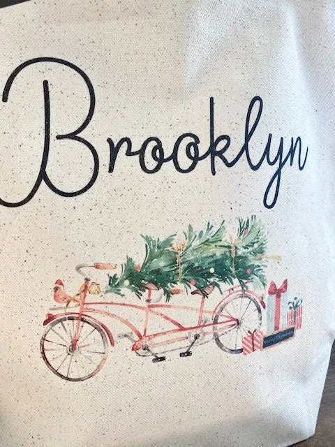 Vintage Christmas Tote bag|Personalized Christmas bag|Canvas Tote Bag|Plaid Christmas bag|Holiday Gift Bag|Childs Christmas Bag