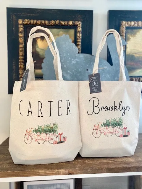 Vintage Christmas Tote bag|Personalized Christmas bag|Canvas Tote Bag|Plaid Christmas bag|Holiday Gift Bag|Childs Christmas Bag