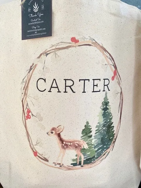 Vintage Deer Christmas Tote bag|Personalized Christmas bag|Canvas Tote Bag|Plaid Christmas bag|Holiday Gift Bag|Childs Christmas Bag