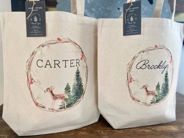 Vintage Deer Christmas Tote bag|Personalized Christmas bag|Canvas Tote Bag|Plaid Christmas bag|Holiday Gift Bag|Childs Christmas Bag