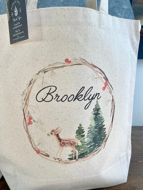 Vintage Deer Christmas Tote bag|Personalized Christmas bag|Canvas Tote Bag|Plaid Christmas bag|Holiday Gift Bag|Childs Christmas Bag