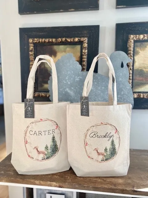 Vintage Deer Christmas Tote bag|Personalized Christmas bag|Canvas Tote Bag|Plaid Christmas bag|Holiday Gift Bag|Childs Christmas Bag
