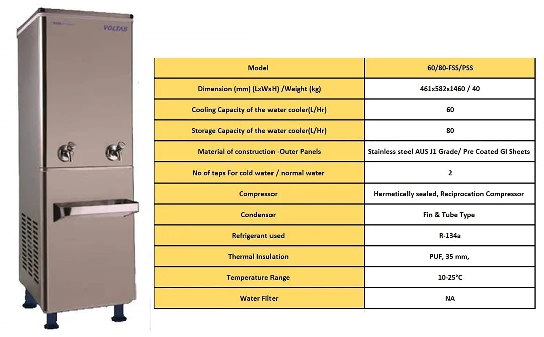 Voltas WC FS 60/80 NP Water Cooler  80L Storage, 60 LPH Cooling, Normal & Cold Water, R134A, Stainless Steel Front Body
